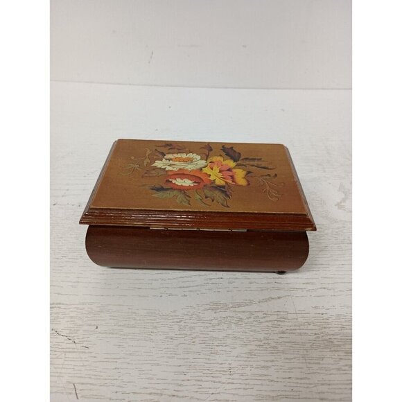 Vintage Wood Jewelry Box Hinged Lid Mirrored Lacquered Floral Design Storage - Picture 3 of 8